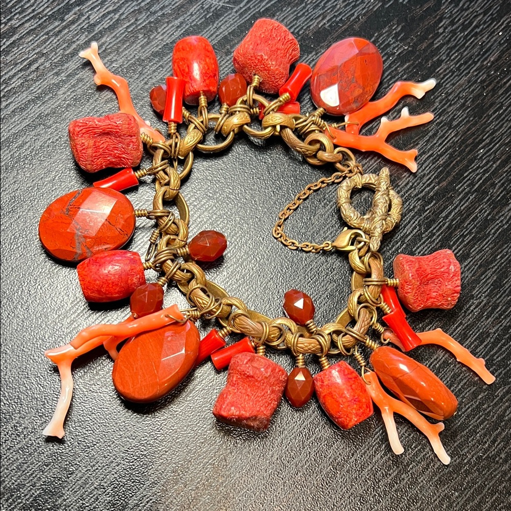 Vintage Chunky Red Coral Stick Coral Embossed Brass Cha Cha Charm Bracelet